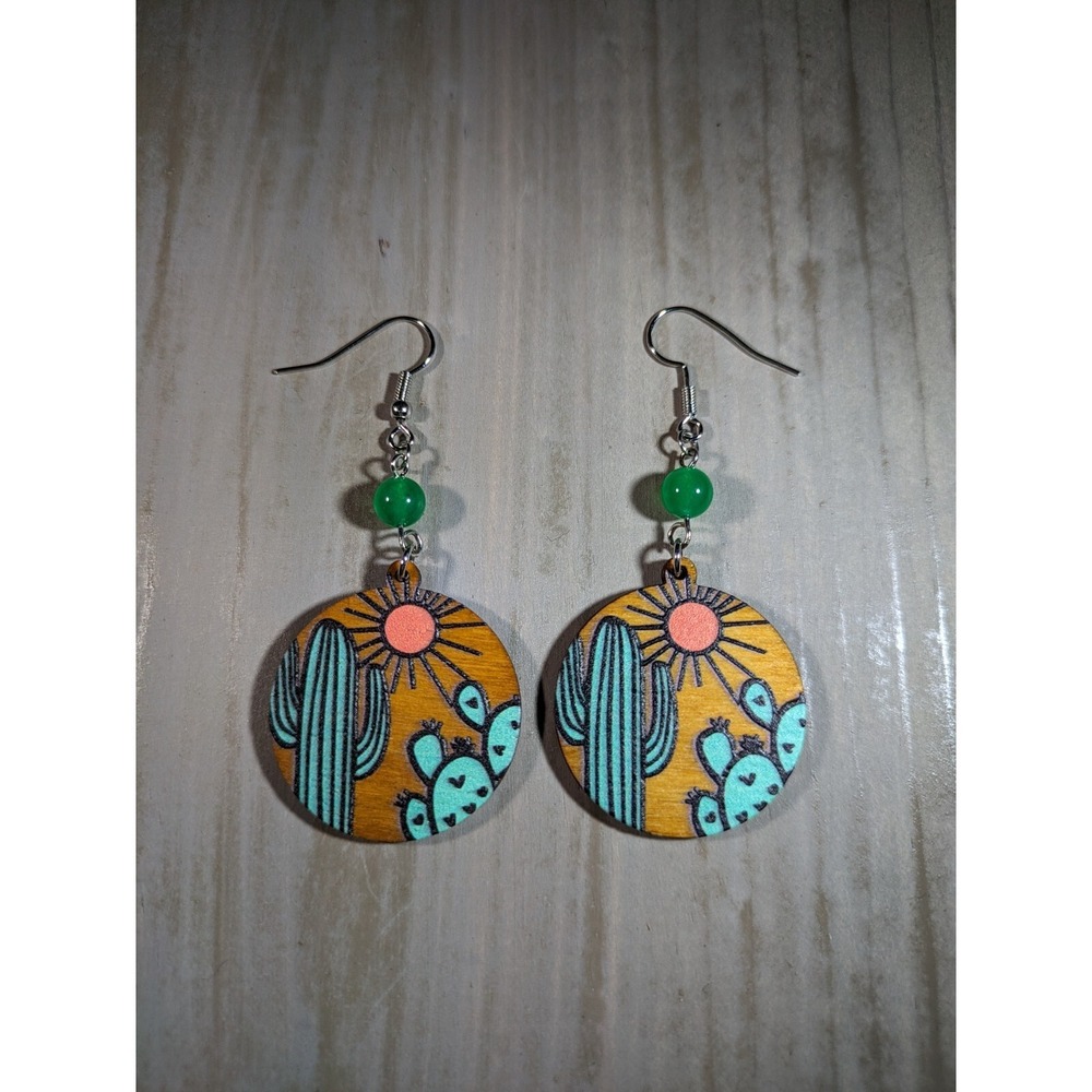 TrailerSpark Desert Cactus‎ Wood Drop Earrings Stainless Steel Hooks Green Bead